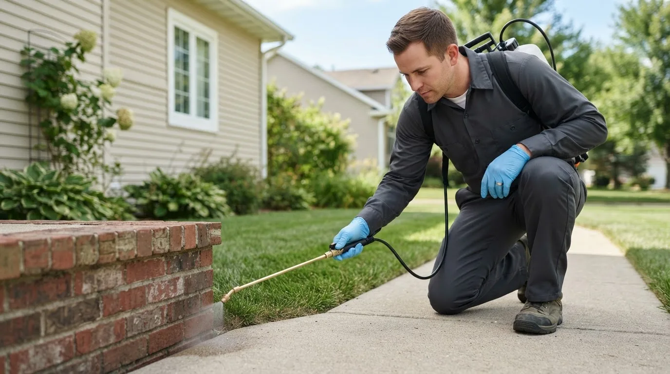 Pest control technician treating a home near West Milford, WV